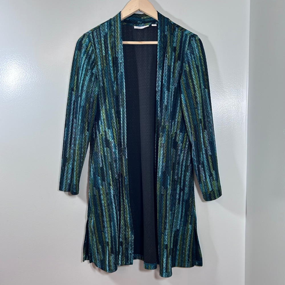 Susan Graver Womens Petite Small Teal Green Abstract Knit Open Front Cardigan